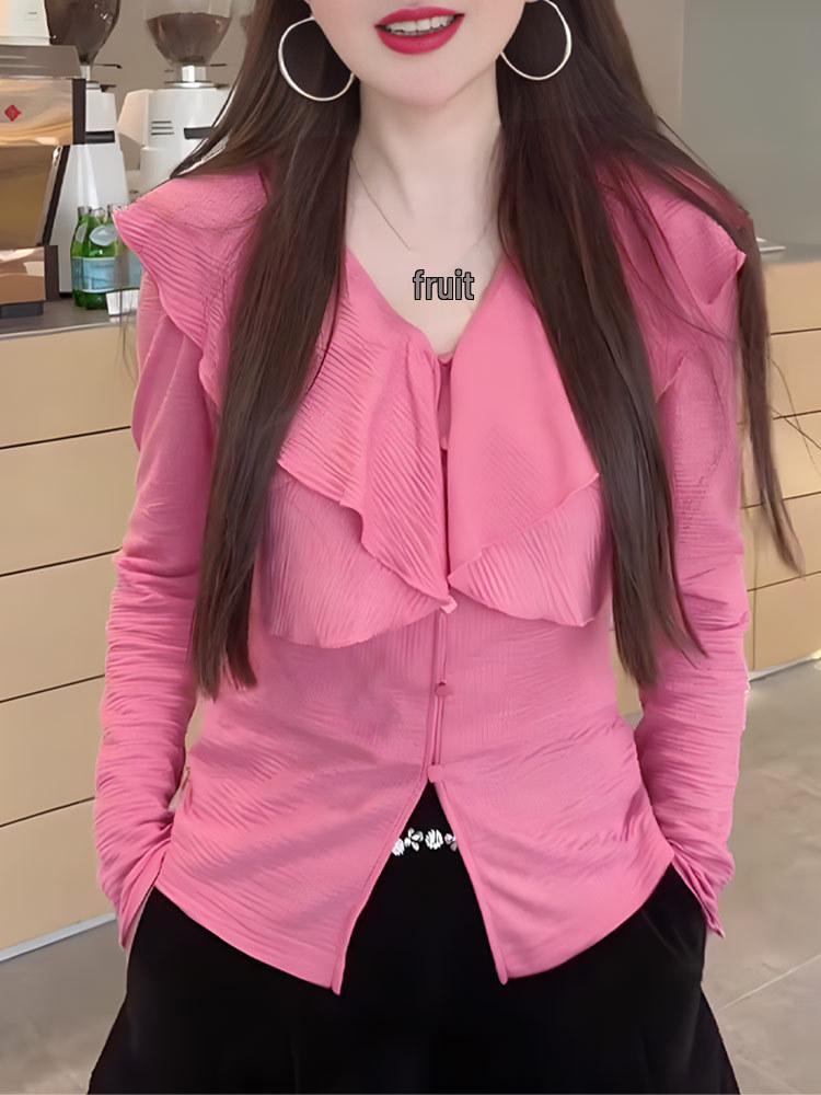 Chic Pink Ruffle Top: Women's Slimming, Flattering, Versatile Long Sleeve for 2025 Early Autumn.