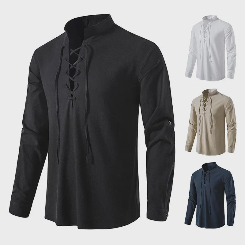 Herren 2024 V-Ausschnitt Langarm Henley Shirt, Einfarbig Baumwolle & Leinen, Lockerer Lässiger Stehkragen