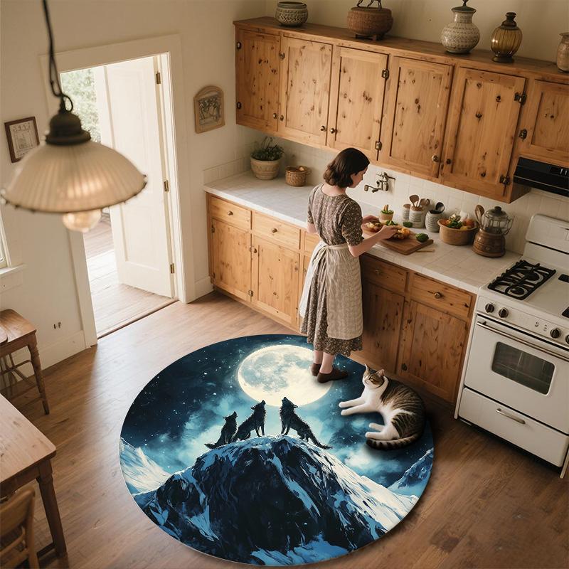 Moon Wolf,Round Area Rug,Carpet Rug for Living Room Bedroom Sofa Playroom Decor,Non-slip Floor Mat