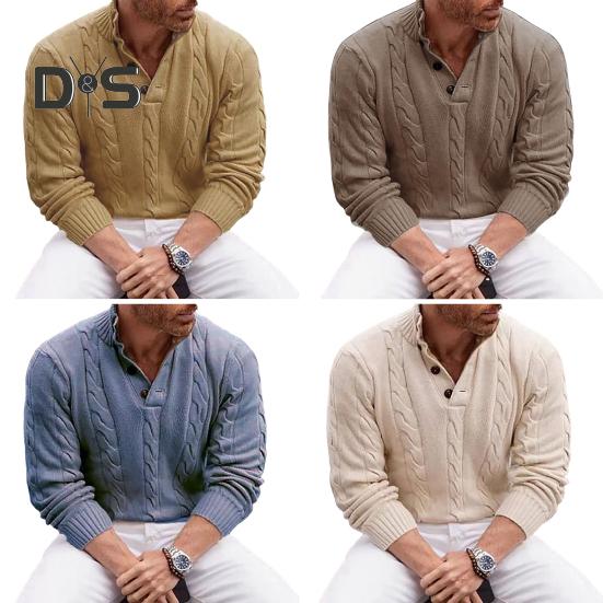 Fall Winter Men Sweater High Collar Neck Protection Buttons Knitted Thickened Pure Color Long Sleeves Pullover English Style Sweater