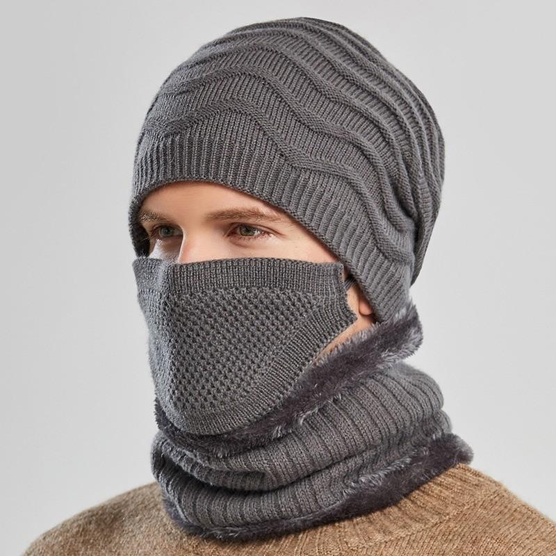 Knitted Hat Men Winter Warmth Windproof Cap Scarf Threepiece Set For Commuting