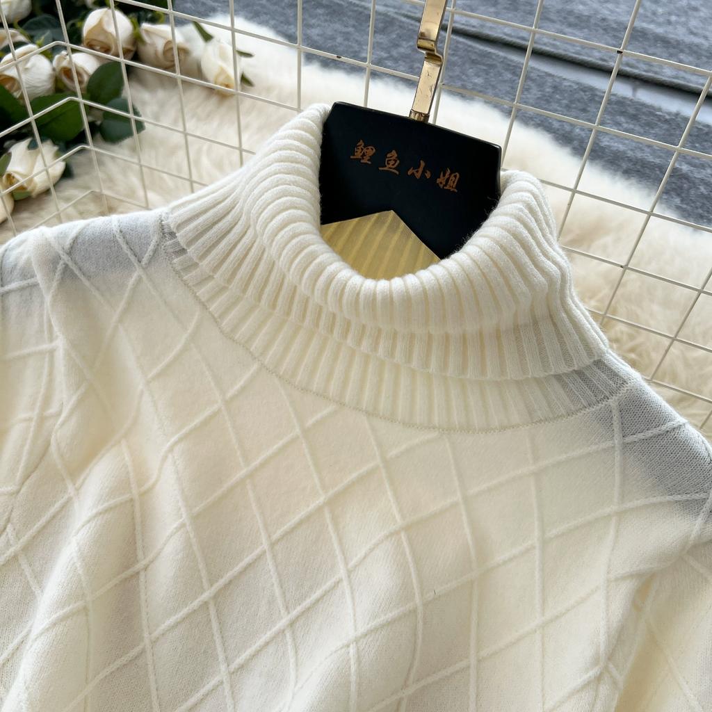 Spring Autumn Women Full Sleeve Turtleneck Plaid Knitted Sweater Mini Short Sheath Dresses with Belt