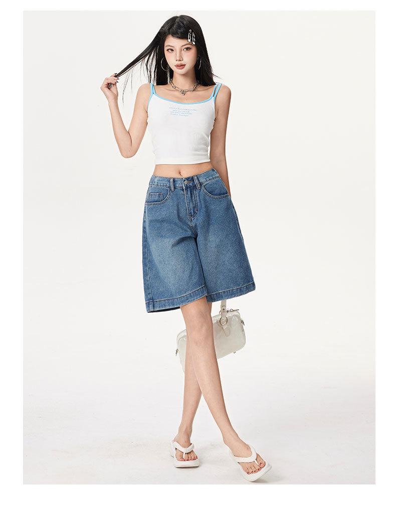 Retro Spicy Girl Elastic Waist Five-Point Denim Shorts – Women's Summer Mid-Length Wide-Leg Pants