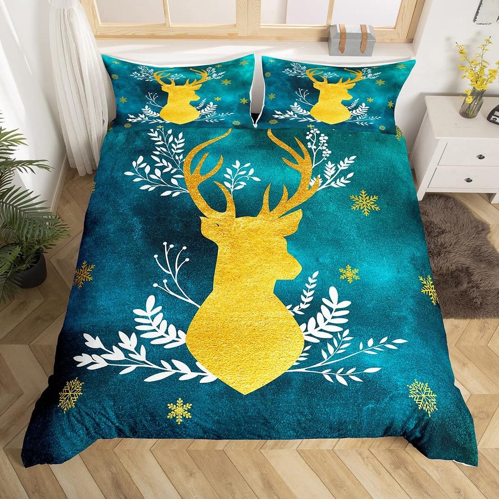 Merry Christmas Duvet Cover Set,Red Buffalo Checked Rustic Truck Comforter Cover,Plaid Xmas Tree Elk Deer Snowflake Bedding Sets