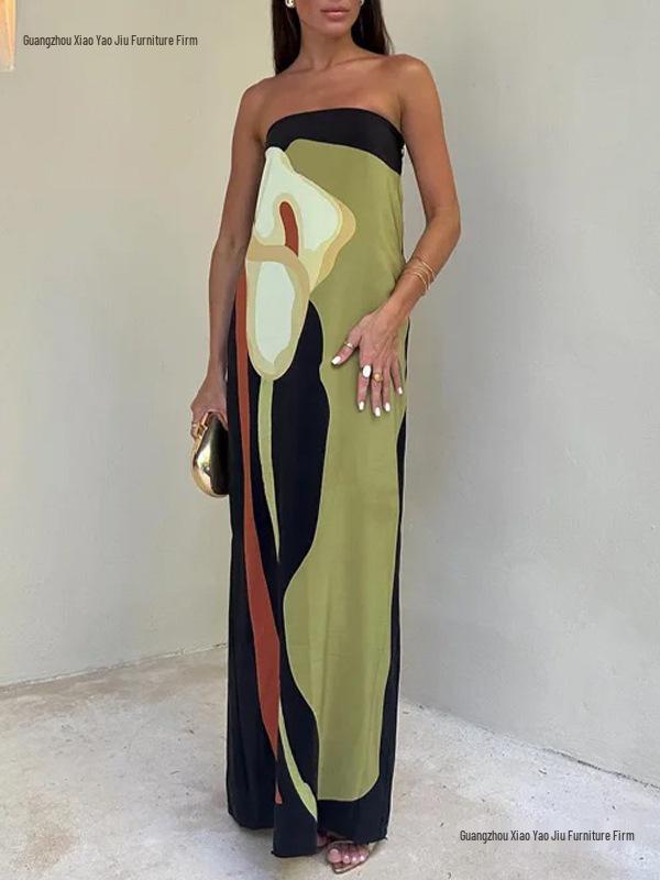 2026 Spring European & American Women's Off-the-Shoulder Sleeveless Backless Printed Dress