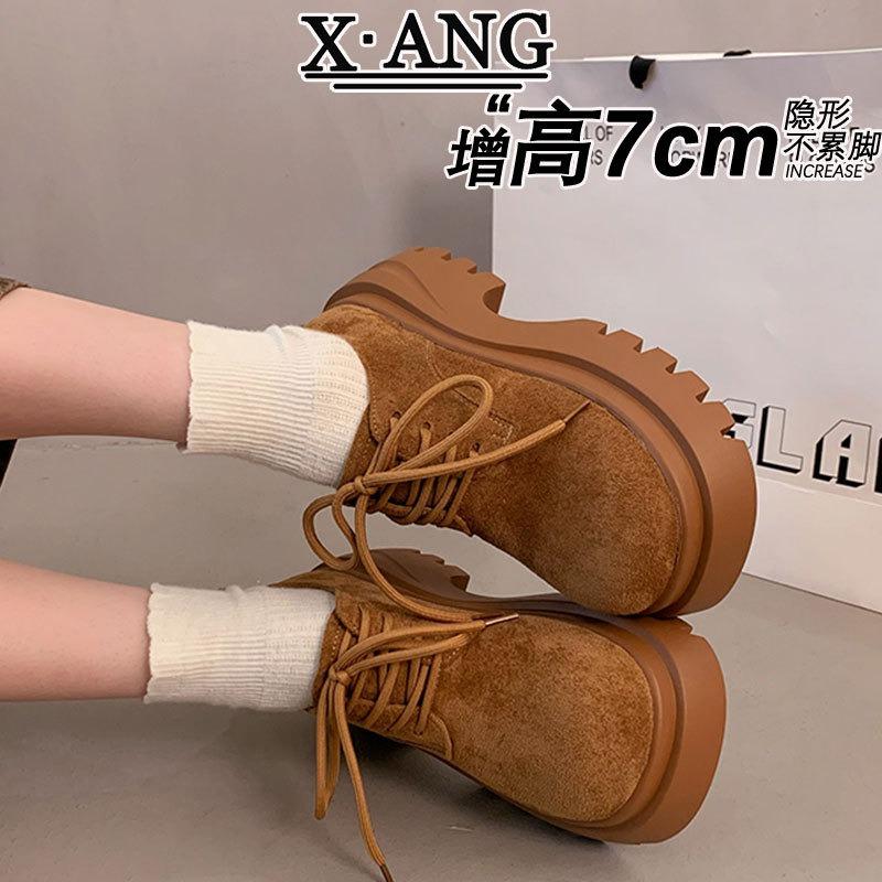 Sponge Cake Thick Sole Height Increase Cm Small Women's Shoes Genuine Leather Autumn New Small Leather Shoes Derby Shoes
