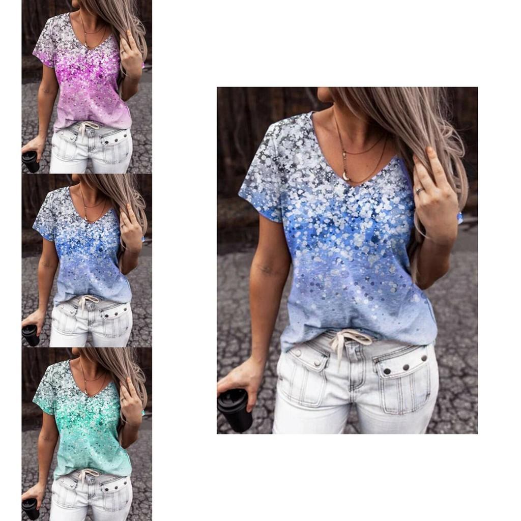 Elegant Womens V-neck Short Sleeve Floral Print Tops T-shirt For Casual Wear