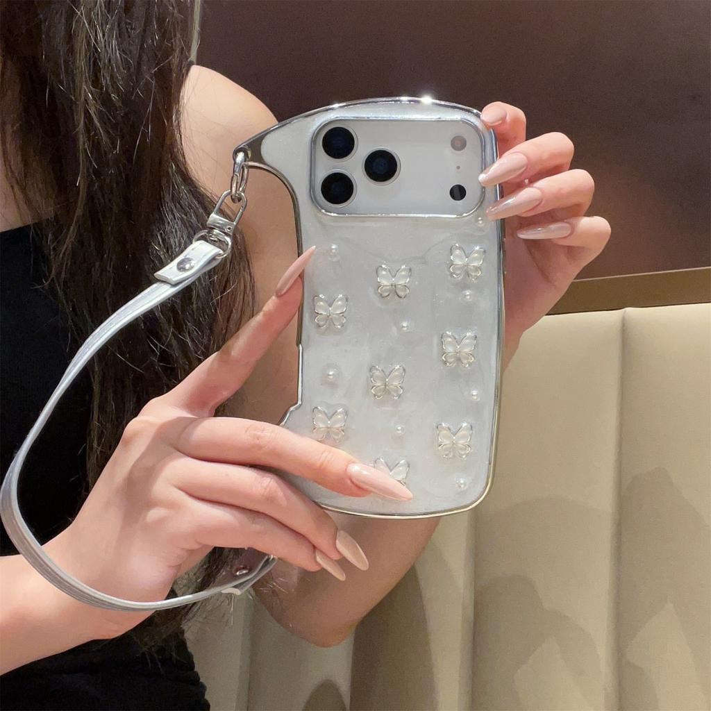 Elegant Pearl & Butterfly Shoulder Phone Case for iPhone 12-17 Series — Adjustable Strap, Mirror Metallic Frame
