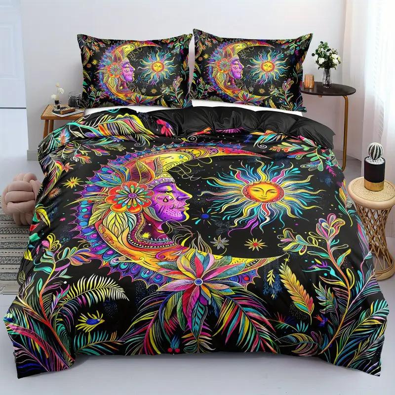 Boho Sun and Moon Duvet Cover Set Black White Floral Bedding Set Bohemian Exotic Comforter Covers Queen Bedroom Decor All Season