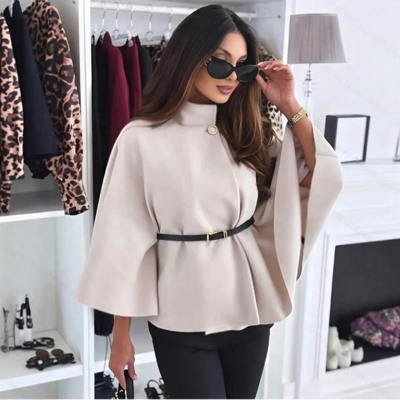 Womens Winter Elegant Wool Blend Cape Coat With Belted Waist Stand Collar