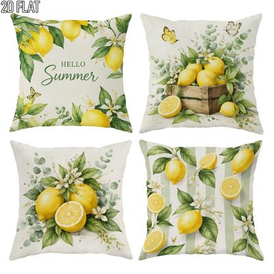 2D Flat 4pcs Summer Lemon Plant Pattern Throw Pillowcase Set, Green and Yellow Color Scheme, Double-sided Printing, Suitable for Living Room, Bedroom,