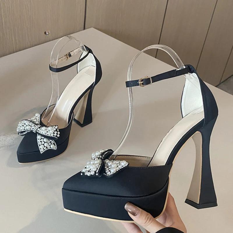 Fashion Women Shoes Pearl Butterfly-Knot High Heels Sandals Sexy Thick Bottom Pointed Toe Platform Pumps for Women Wedding Banquet Shoes