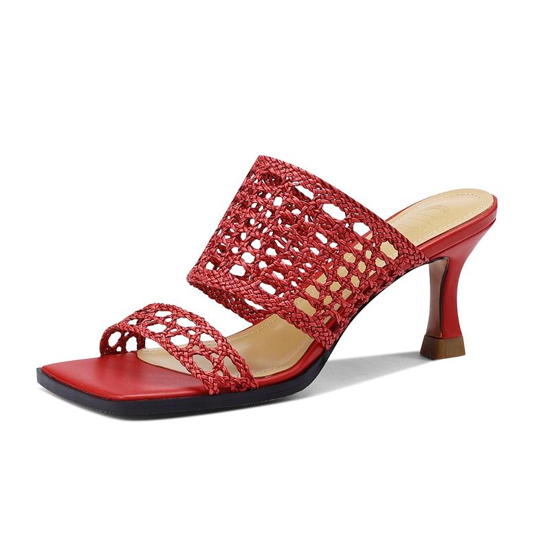 Fashion Women's New Summer Retro Square Headed Hollow Knitted Genuine Leather Sheepskin Open Toe High Heel Large Sandals
