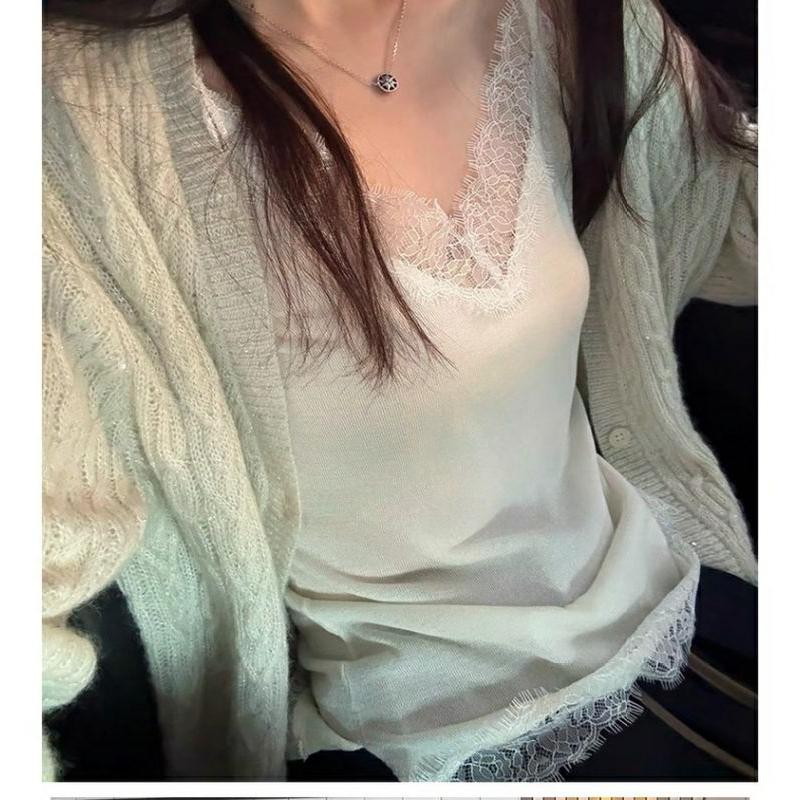 Women's Lace Trim V Neck Camisole Soft Knit Sleeveless Tank Casual Innerwear Daily Layering Top