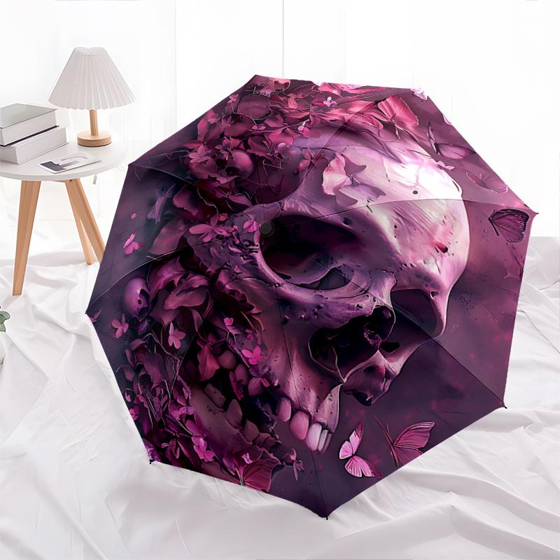 1pc Dreamlike Fusion of Skulls Butterflies and Petals Pattern Automatic Umbrella is Fashionable, Suitable for Travel and Daily UseC059