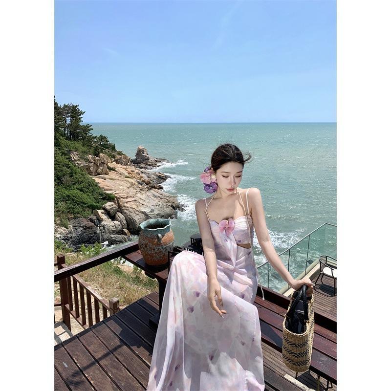 Spot Phalaenopsis Hollow Pleated Purple Suspender Dress Women's Summer New Vacation Dress