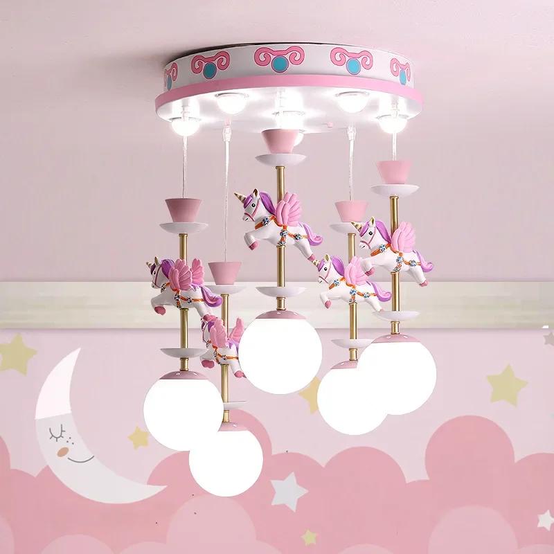 Children's Room Cartoon LED Chandelier Creative Girls Nordic Creative Unicorn Pink Chandelier Restaurant Bedroom Hanging Lamp