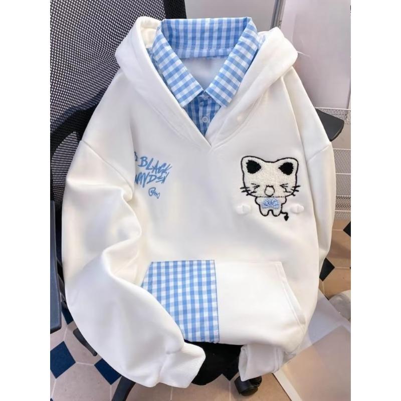 Fake Two Pieces Cartoon Embroidery Hoodies Y2k Aesthetic Casual Loose Sweatshirt Women Harajuku Plaid Patchwork Vintage Hoody