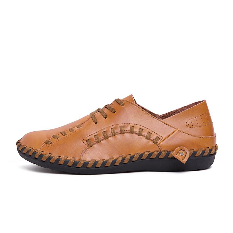 Men Handmade Loafers Retro Lace Up Solid Color Driving Flats Round Toe Anti-slip Thick Sole Lightweight Slip On Walking Shoes