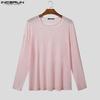 INCERUN Men Scoop Neck Long Sleeve Loose See Through Rib Undershirts Basics Tops