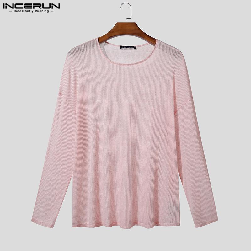 INCERUN Men Scoop Neck Long Sleeve Loose See Through Rib Undershirts Basics Tops