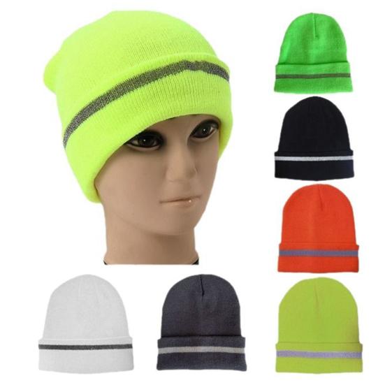 Knitting Hat Reflective Strip Design Warm Unisex Hat Outdoor Windproof Cold Resistance Elastic Hat Headwear