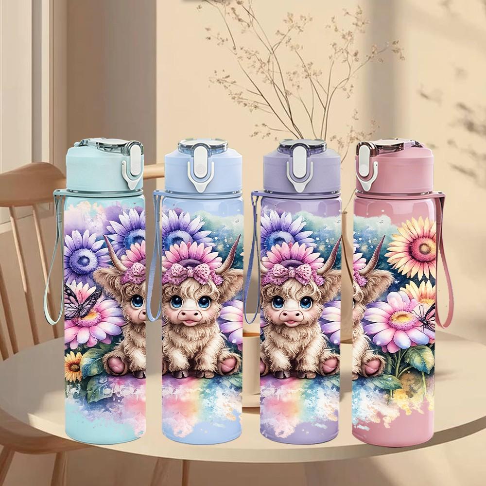 1PC Puppy Dog Mixed Flower Print 750ml Color Plastic Sports Water Bottle Leakproof Flip Straw Lid Suitable for Sports Office Home Use