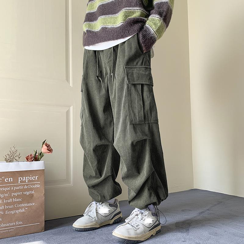 Мужские осенние вельветовые рабочие брюки молодежные свободные повседневные прямые широкие брюки M зелёный