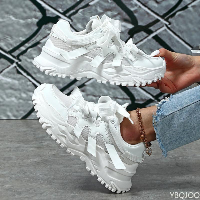 Ladies' Fashionable Yellow Height Increasing Thick Soled Sports Shoes Outdoor Lace Up Casual Plus Size Trendy Women's Shoes