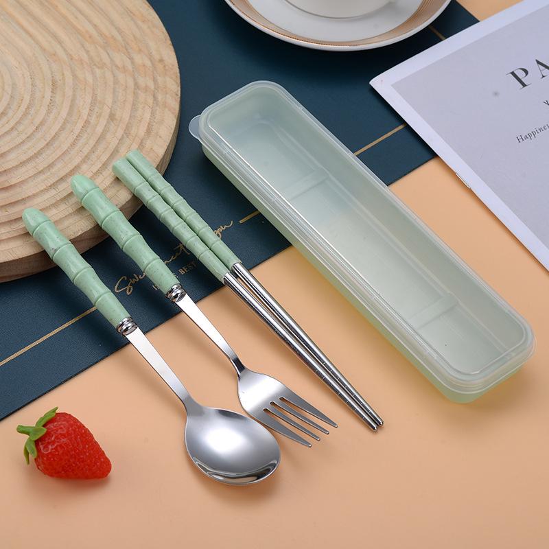 Portable Stainless Steel Cutlery Set: Bamboo Handle Spoon, Fork & Chopsticks for Office & Travel