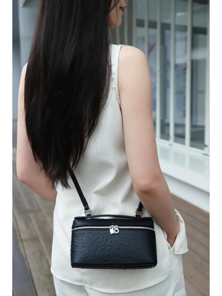 Genuine Leather Ostrich Pattern Women's Handbag & Crossbody Cosmetic Bag