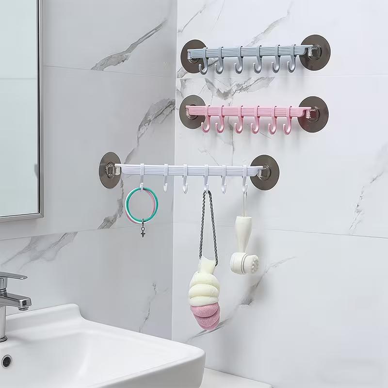 6 Hook Wall Mounted Towel Rack, No Drill Plastic Bathroom Organizer, Corner Shower Storage Holder for Towels, Bath Accessories and Kitchen Supplies