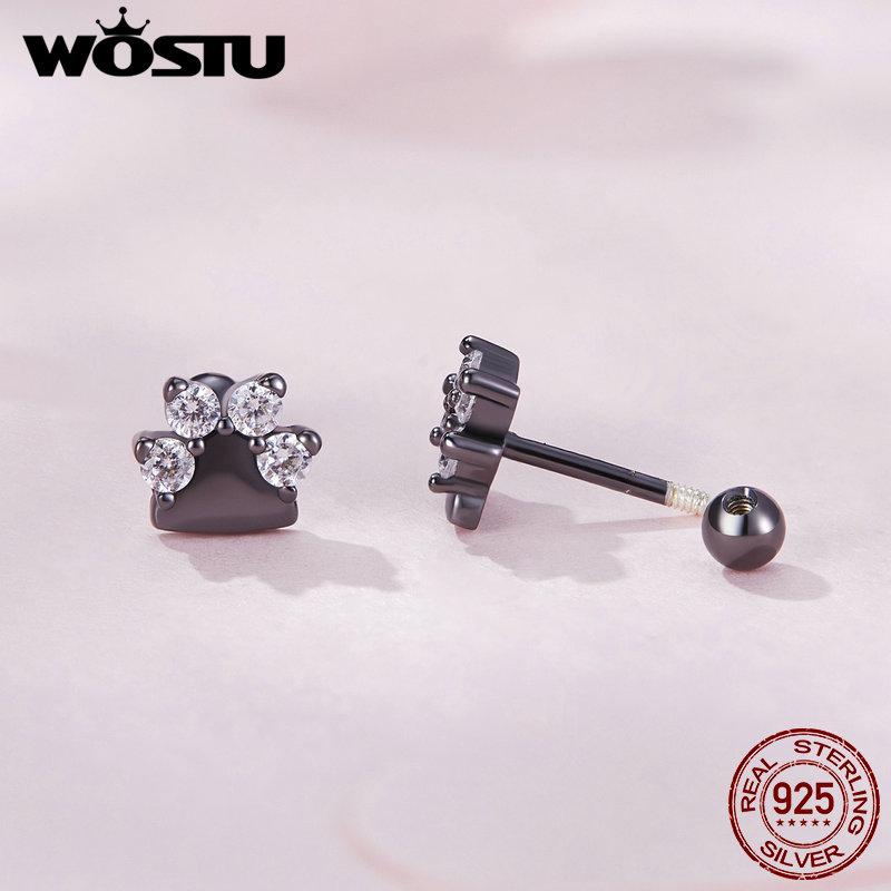 WOSTU 925 Sterling Silver Pink Zircon Pet Dog Paw Stud Earrings For Women Lovely Heart Zircon Ear Studs Birthday Jewelry Gift