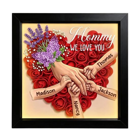 

Personalized Mommy Holding Hands Shadow Box with Ring And Manicure, Custom Names Floral Heart Picture Frame, Mother s Day Gifts for Mom Grandma L F чорний