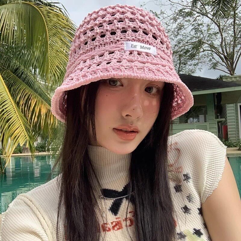 New bucket hat women's summer sunshade sunscreen straw woven basin hat versatile face small wide brim woven hat