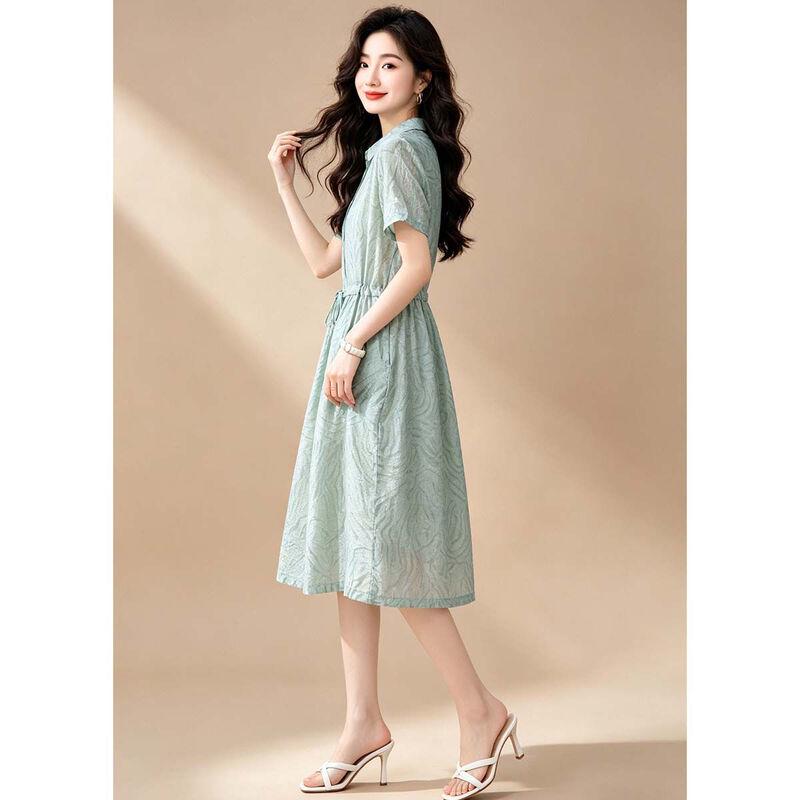 D.F.DEAR Women's Summer Shirt Collar A-Line Midi Dress
