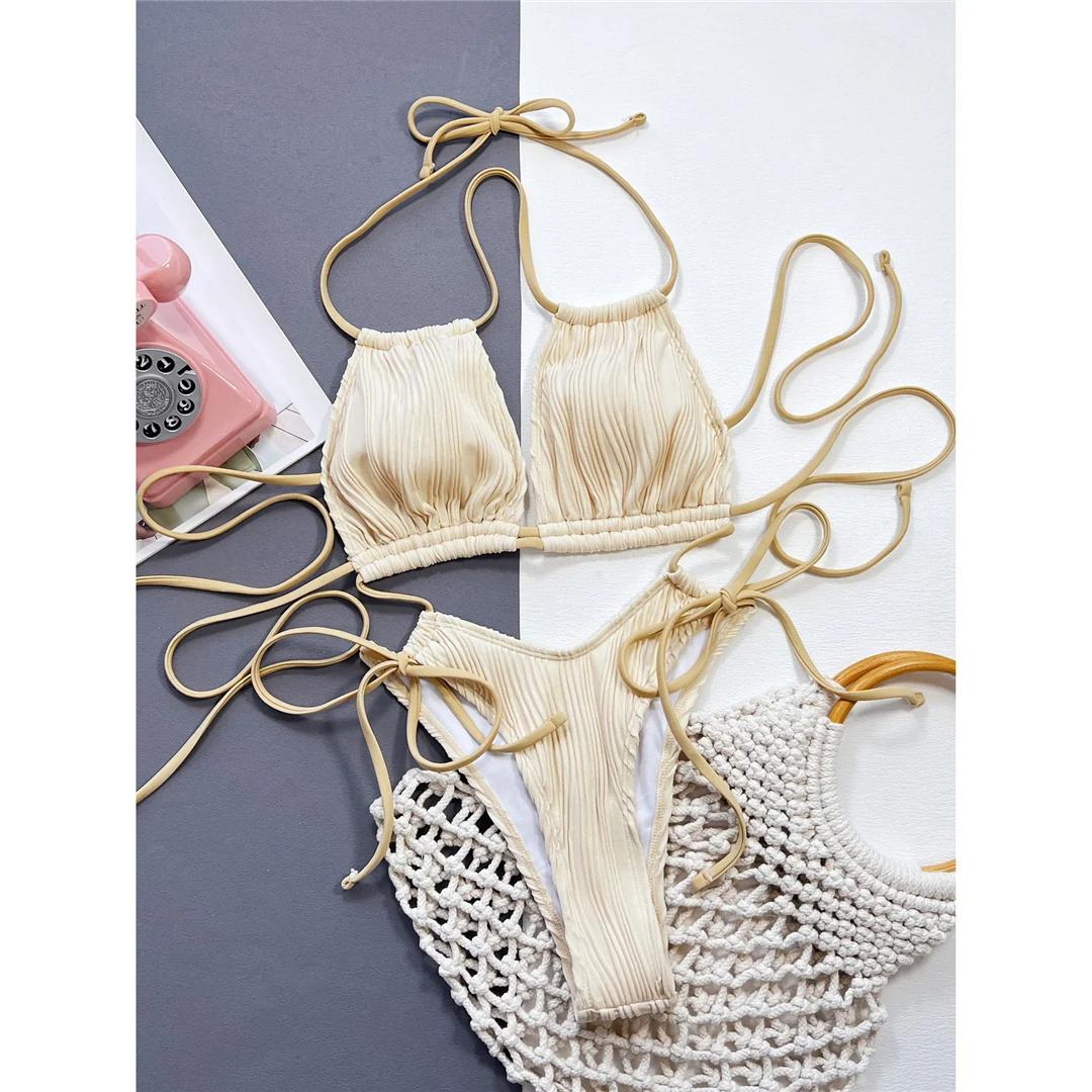 Sexy Wrinkled Tummy Cut Out Halter One Piece Swimsuit Women Swimwear Female High Leg Cut Monokini Bather Bathing Suit Swim S бежевый