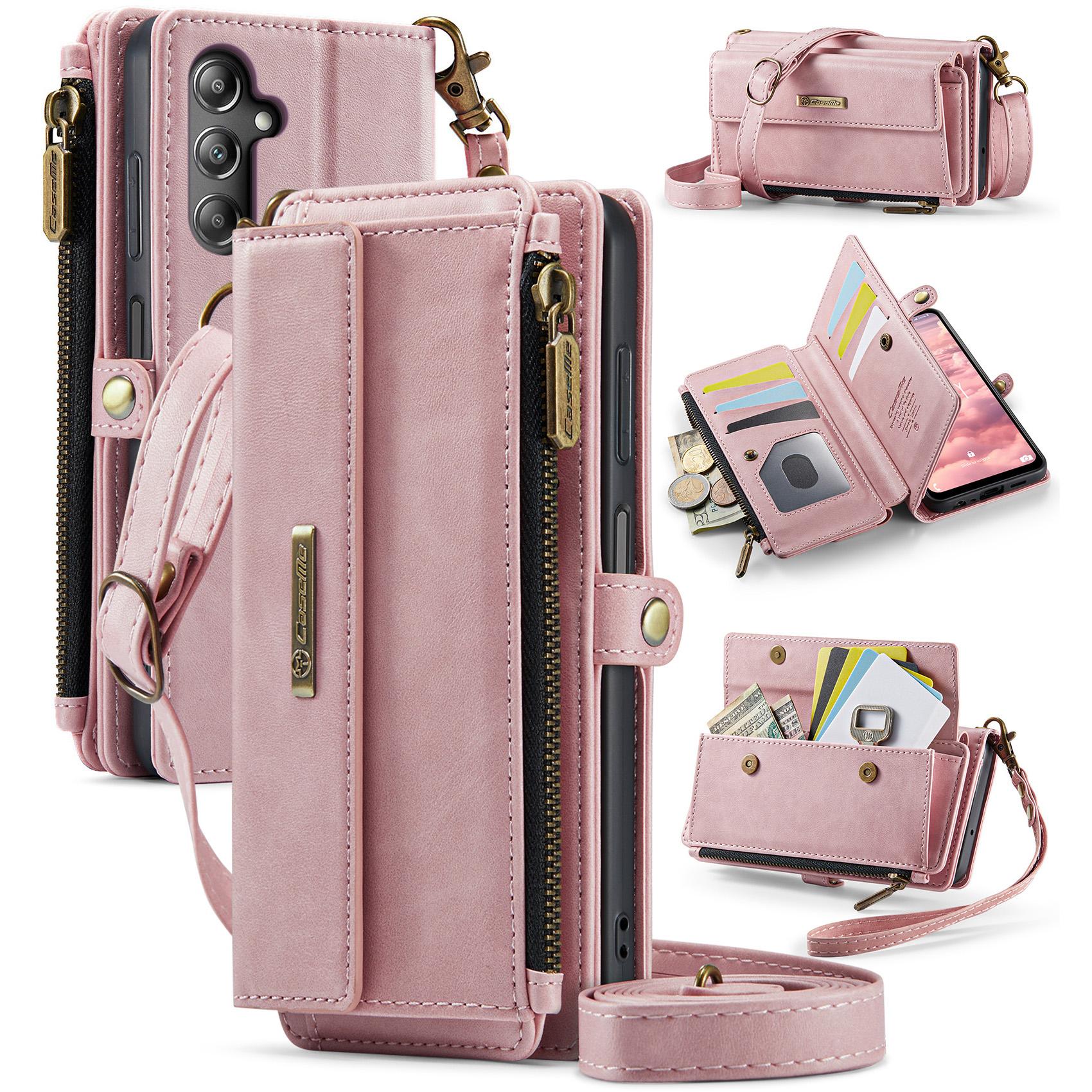 

For Samsung Galaxy A14 5G Case CASEME C39 RFID Blocking Zipper Wallet Stand Leather Cover with Strap Pink