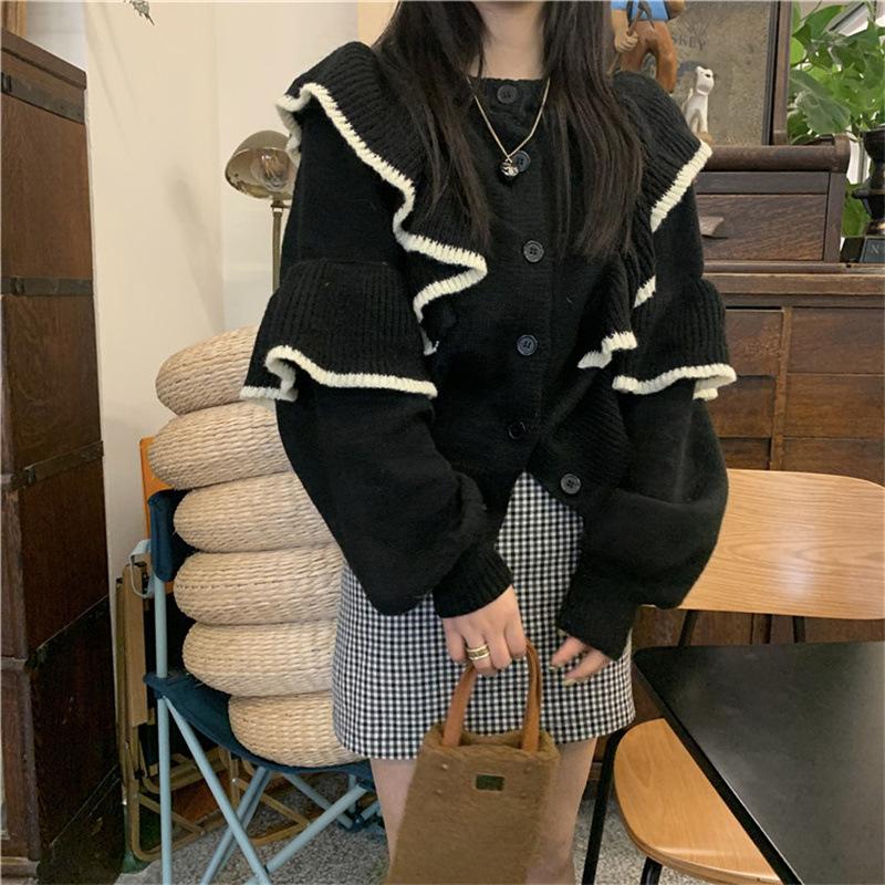 Color-Block Ruffled Knitwear with Design Sense: Early Autumn Women's Elegant Office Loose Sweater Top