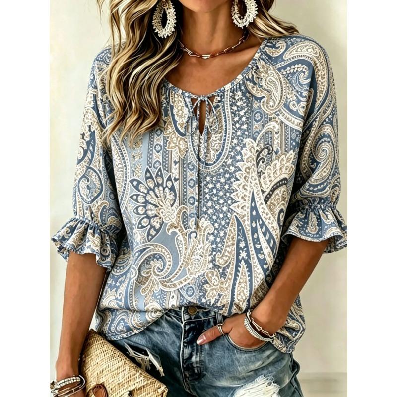 Women's Blue Beige Paisley Print Tie Neck Blouse, Casual Loose Tops for Spring Summer Daily Wear & Vacation Occasions