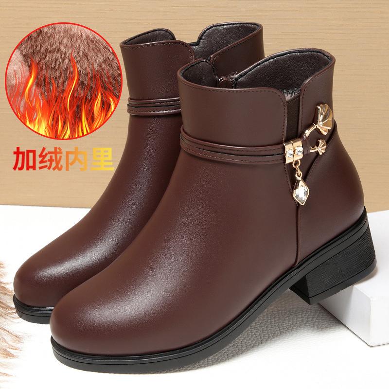 Winter Women Bare Boots Fashion Warm Short Boots Chunky Heels Comfortable Waterproof Fleece Soft Sole Snow Boots