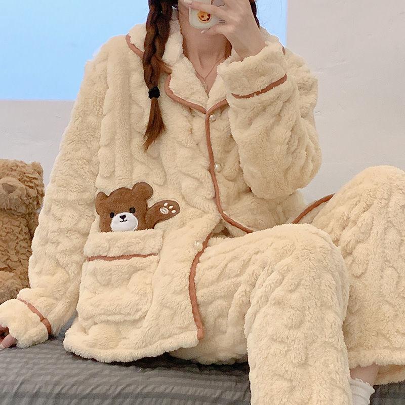 Coral Fleece Pajamas Autumn and Winter Thickened Fleece Large Size Spring and Autumn Flannel Loungewear Set