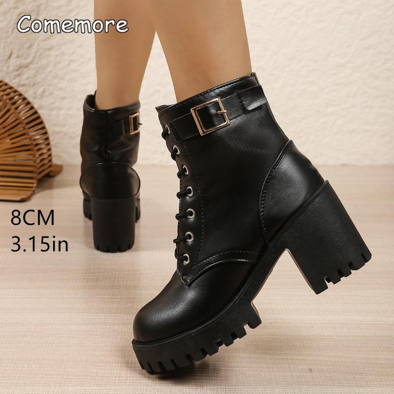 

Мода Женская Мода Ботильоны на Толстом Каблуке с Пряжкой-Ремнем Черная Искусственная Кожа На Высоком Каблуке Ботильоны на Платформе Женская Обувь Осень Зима 42 чёрный