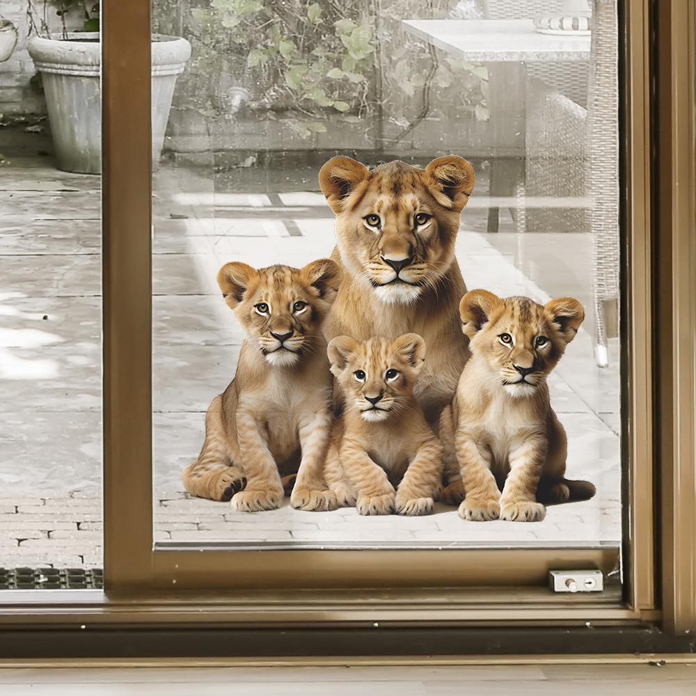 Cartoon Realistisch Eltern-Kind Löwen Fenster Tür Wandaufkleber Selbstklebend für Schlafzimmer Heimdekoration