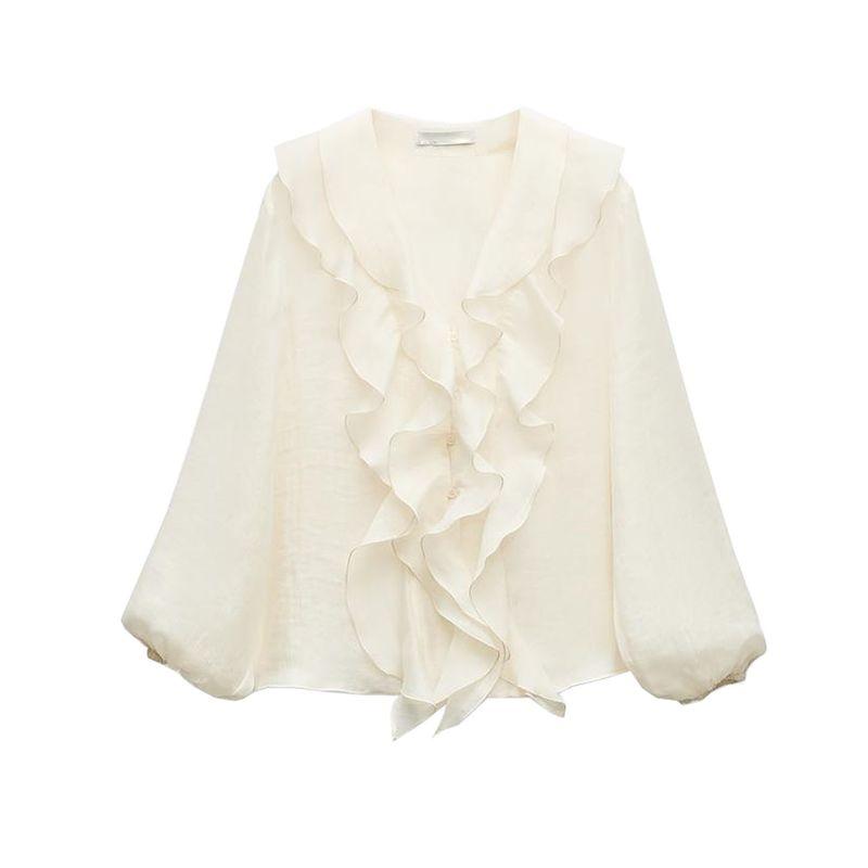 

Summer New Product Women s Clothes Lyocell Blended Single Row Multi-Buckle Laminated Decoration V-neck Long Sleeve Shirt 2548053 raw white L