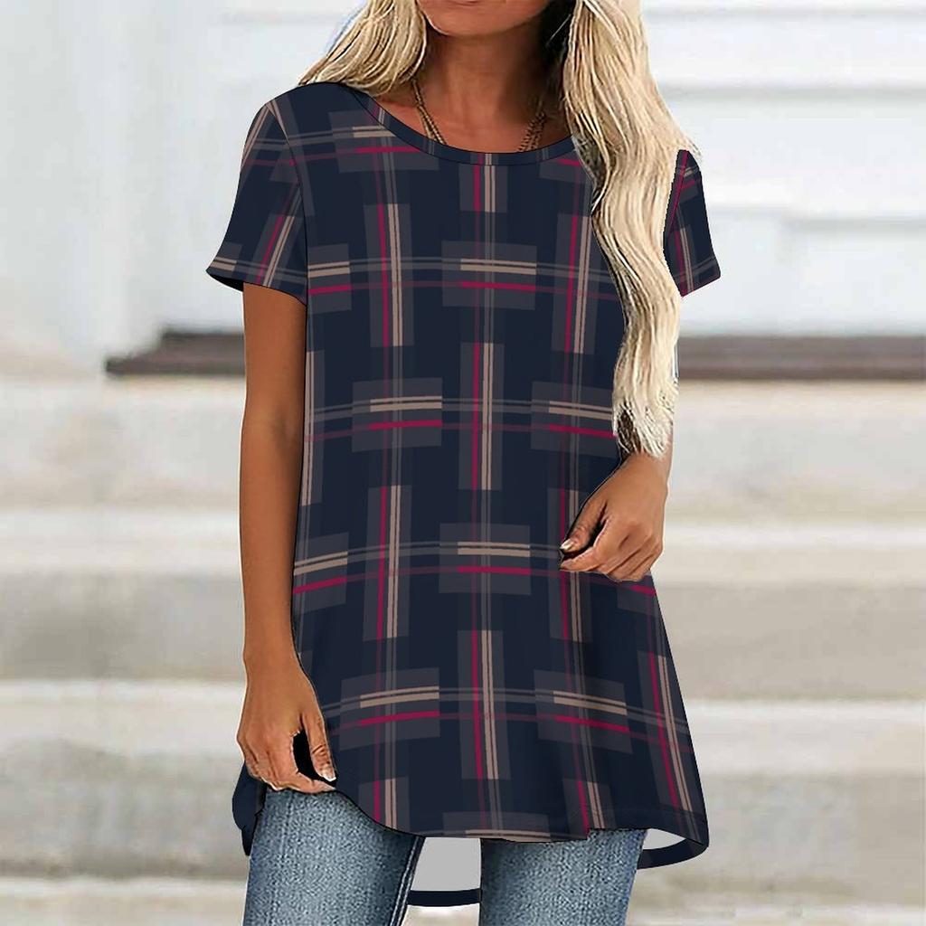 Túnicas Casuales Informales para Mujer con Estampado, Cuello Redondo, Dobladillo Irregular y Manga Corta