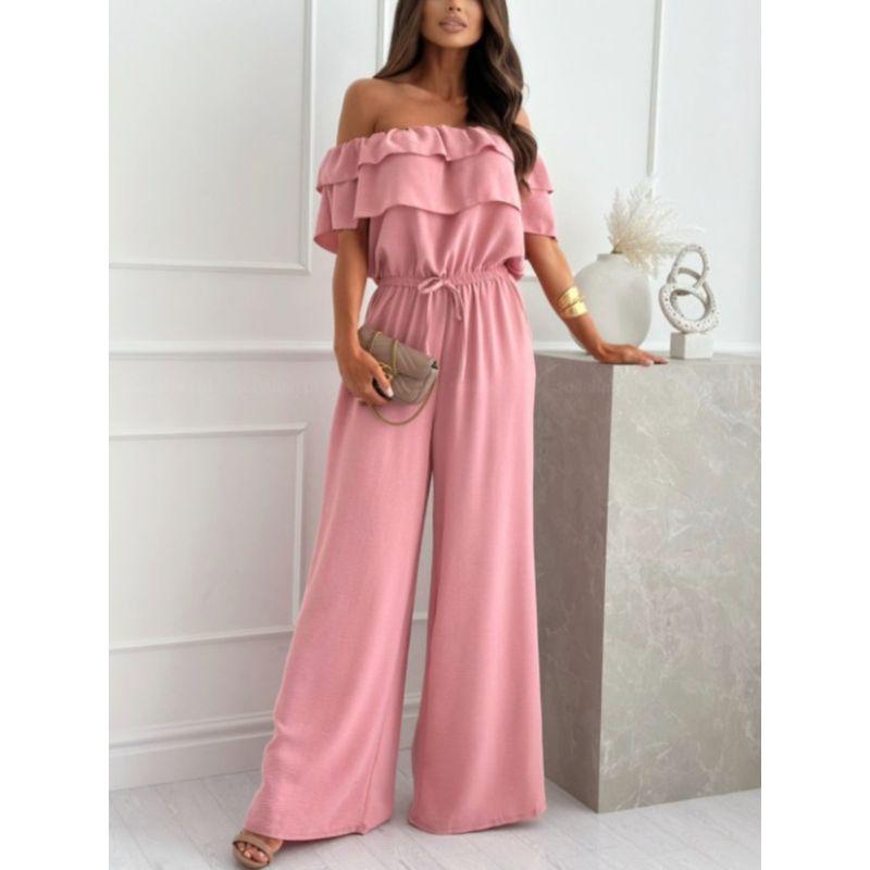 Summer New Arrival Fashion Style off-Neck Ruffled Short Sleeves Elastic and Waisted Wide Leg Jumpsuit Pants Jumpsuit
