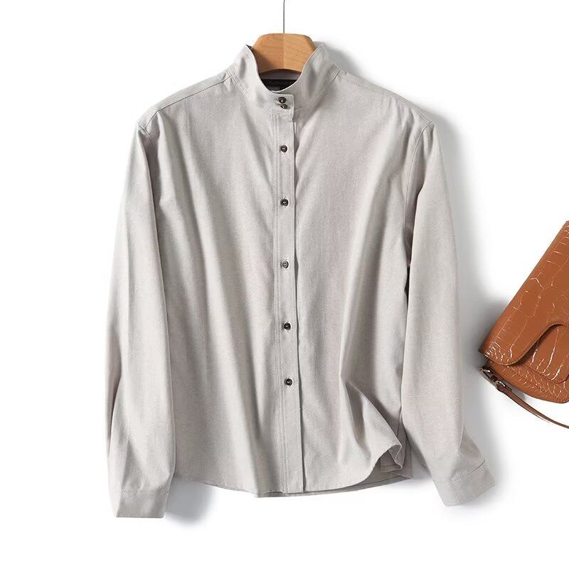 

MD Women s Clothing High Sense of Knowledge Elegant Capable Commute Style Cotton Stand Collar Oxford Long Sleeves Shirt 05126784710 Light brown L