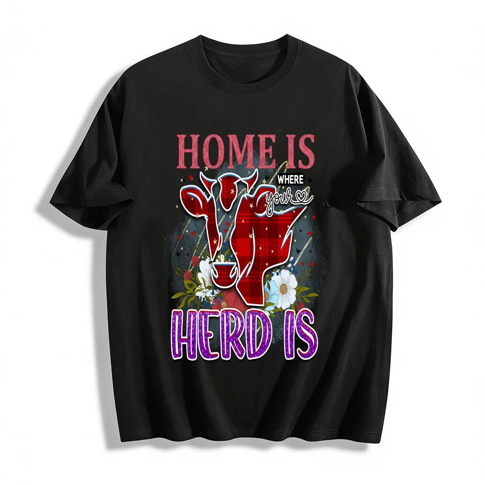 

Home Is Where Your Herd Is Western Cow Graphic Casual Tee Pure cotton T-shirt XXS