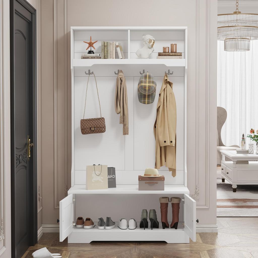 Ensemble de vestiaire pour couloir, Moderne Ensemble de vestiaire pour couloir 4 crochets, Meuble à chaussures, Banc à chaussures, Compartiment ouvert, Meuble d'entrée pour entrée, Blanc